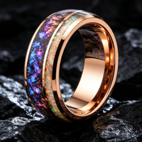 Roségold Wolframcarbid-Ring mit Sternenhimmel- und Opal-Einlage, Polierte Kante, Komfortabler Ehering, Verlobungs- und Versprechensschmuck
