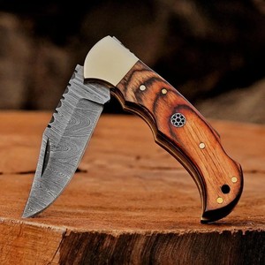 Couteau pliant en acier Damas à succès avec verrouillage arrière, poignée en bois Pakka, fourreau, couteau de poche EDC pour camping, OEM - Product Image 4