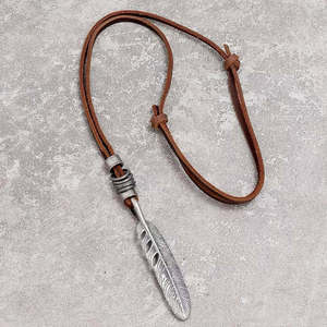 Vintage Alloy Feather Pendant Necklace with Adjustable Leather Cord for Men & Boys - Product Image 5