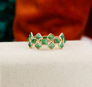 Natural Green Emerald Double-<b>Row</b> Statement Ring in Solid 18K Yellow Gold – Wide Geometric Bezel Set Band Luxury May Birthstone - Product Image 4