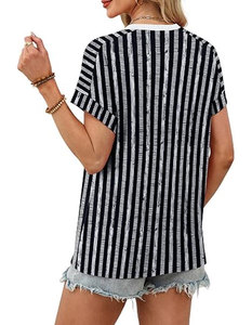 เสื้อยืดผู้หญิงลายทาง คอกลม แขนสั้น ทรงหลวม ผ้าฝ้ายลำลอง ใส่สบายสำหรับฤดูร้อน เนื้อผ้าทอระบายอากาศได้ดี ความยาวปกติ - Product Image 4