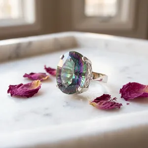 Anillo de Plata de Ley 925 con Topacio Místico, Anillo de Cóctel con Piedras Preciosas Arcoíris Hechas a Mano, Joyería de Estilo Vintage para Mujer - Product Image 4