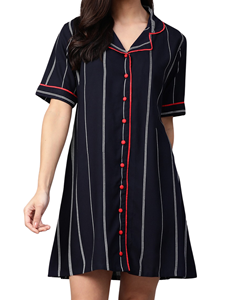 Robe décontractée pour femme en rayonne à rayures imprimées, col chemise, couleur bleue, manches mi-longues, style occidental, pour le quotidien - Product Image 6