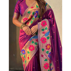 Sari Étnico Tejido con Hilo Zari de Seda Paithani con Borde Grande de Elite Weaves, Color Vino, para Mujer, 650 g - Product Image 3