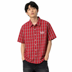 Chemise en flanelle à carreaux rouge surdimensionnée pour homme, style streetwear, décontractée, boutonnée, en coton, pour le hip-hop, vente en gros - Product Image 1