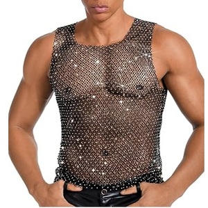Latest Design Trending Rhinestone Dot Pattern Sleeveless Sexy Outerwear Beach Mesh T-Shirts Fitness Distress <b>Fishnet</b> Tee Shirts - Product Image 4