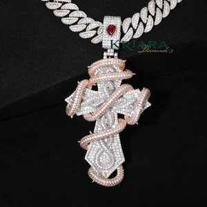 Pendentif Croix avec Diamant de Laboratoire, Motif Serpent, Argent 925 Plaqué Or Rose, Or Massif 18K, Charme Religieux Unisexe de Luxe - Product Image 1