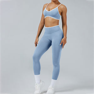 Nouvel ensemble de yoga sans couture pour femmes, avec soutien-gorge ajustable antichoc contrastant et short-legging de sport effet push-up fessier - Product Image 6