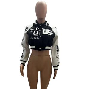 2024 automne haute qualité coton simple boutonnage court Bomber lettre imprimer élégant varsity veste Baseball recadrée veste femmes - Product Image 5