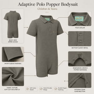 Combinaison Polo Vert Olive |   Vêtements sensoriels spéciaux pour enfants, vêtements inclusifs, coton extensible, fermeture éclair, doux, délicats, unisexes - Product Image 3