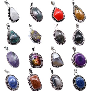 10 pendentifs en pierre naturelle mélangée plaqués argent, breloques cabochons en pierres précieuses assorties, lot de bijoux en gros - Product Image 2