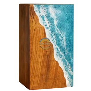 Ocean Inspired Resin & Natural Wood Cremation Urn Handmade Blue Wave Funeral Ashes <b>Box</b> by AYAANS - Product Image 1