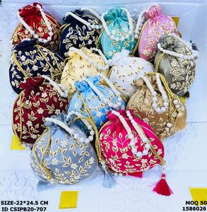 Sacs à main Potli de mariée en soie brodée haut de gamme, sacs cadeaux ethniques traditionnels pour femmes, doublure en coton, multifonctionnels - Product Image 1