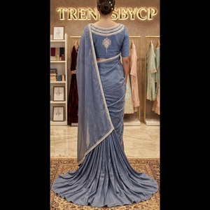 TRENDSbyCP Elegant Grey Silk Saree Pearl Embroidery Gold Border <b>Wedding</b> Party Womens Regular Fit Floor-Length Wrinkle-Free - Product Image 5