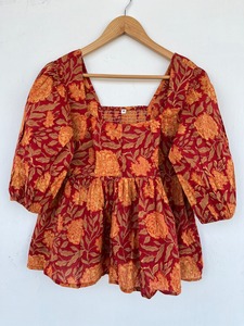 Rust Orange Floral Print Cotton Blouse Square Neck 3/4th Sleeve Boho Summer Top Women Garment Manufacturer - Product Image 2