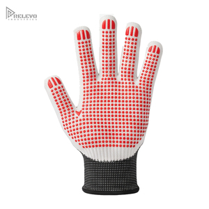 Custom Anti-Slip Leather Smooth Work <b>Gloves</b> Black <b>Knit</b> Backhand White Palm Red Grip Dots Elastic Adjustable Wristlet Heat Safety - Product Image 3