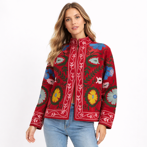 เสื้อแจ็คเก็ตหนังปักลายสีแดงเข้มสำหรับผู้หญิง แบบสองด้านใส่ได้  เสื้อโค้ทฤดูใบไม้ร่วง  ลายปักดอกไม้แบบซูซานี  เสื้อแจ็คเก็ตบอมเบอร์แบบเย็บติดกัน  ผ้าฝ้ายลายนูน - Product Image 3