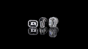 <b>Emerald</b> cut lab grown diamond <b>stud</b> <b>earrings</b> with halo and heart design in white gold, elegant for daily wear - Product Image 2