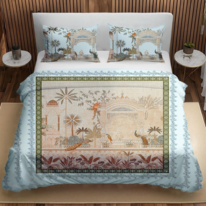 Juego de Sábanas King Size de Algodón con Estampado de Peacock Garden Palace |   Juego de Ropa de Cama de 3 Piezas en Azul Pastel con Fundas de Almohada - Product Image 1