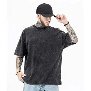 Camiseta de algodón negra lavada de corte oversize para hombre, manga corta, cuello redondo, estilo urbano, color liso, camiseta oversize para hombre - Product Image 4
