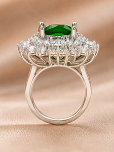 Lab Green Emerald & Lab Grown Diamond <b>Cocktail</b> <b>Ring</b> 14KT White <b>Gold</b> Oval Emerald Floral Halo Statement <b>Ring</b> OEM ODM Fine Jewel - Product Image 2