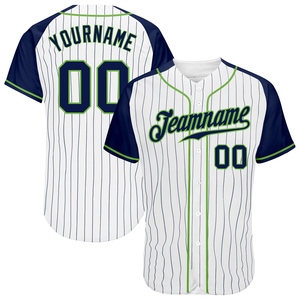 Wholesale Best Selling OMMIZ INDUSTRY Custom White Navy Pinstripe Navy-Neon Green Authentic <b>Raglan</b> Sleeves Baseball Jersey - Product Image 1
