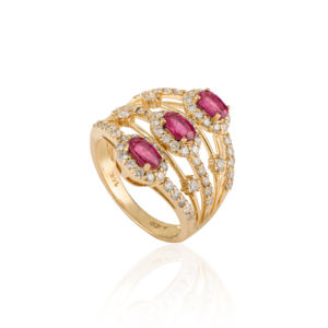 Bague Statement Multicouche en Or Jaune Véritable 14K avec Rubis et Diamants, Design Unique Pierre de Naissance de Juillet, pour Femme, Bijoux de Mariage en Gros - Product Image 3