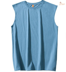 Camiseta de punto sin mangas para hombre de algodón de fibra larga, casual, deportiva, transpirable, ecológica, de secado rápido, teñida lisa, de longitud corta. - Product Image 1