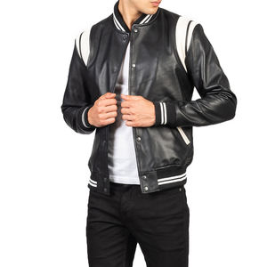 <b>Men's</b> Premium Black Leather Varsity Bomber <b>Jacket</b> with Detachable Sleeves | Custom OEM Manufacturer Custom Leather Baseball Jack - Product Image 2