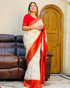 Sari en soie douce Banarasi de créateur avec blouse non cousue BLANCHE pour mariage FABRIQUÉ EN INDE 50087 - Product Image 1