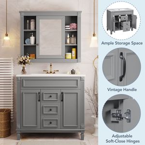 Mobile Bagno Moderno da 90 cm con Lavabo Integrato, Specchio, 2 Ante a Chiusura Ammortizzata e 2 Cassetti - Soluzione Salvaspazio per il Bagno - Product Image 5