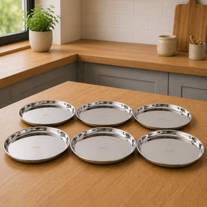 Assiettes plates rondes en acier inoxydable poli argenté, vaisselle en métal argenté, sûres et à prix acceptable - Product Image 1