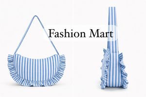Women’s Striped Shoulder Bag with Ruffle Design Cotton Casual Handbag Trendy Crescent Shape Purse - Product Image 3