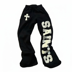 Pantalones Deportivos de Lona Negra para Hombre, Estilo Saints, Color Sólido, con Bordado Personalizable, Cintura Elástica, Corte Acampanado, Peso Medio - Product Image 1