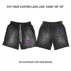 Shorts de bain sportifs en coton tissé de qualité supérieure 300 GSM, écologiques, imperméables, avec cordon de serrage et logo frontal, effet délavé - Product Image 1