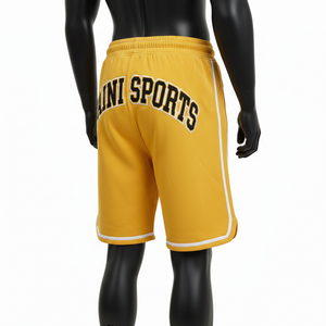 Short de basket-ball en molleton doux coton-polyester, jaune avec empiècements latéraux blancs, broderie chenille, appliqué, logo personnalisé, short en mesh pour homme - Product Image 5