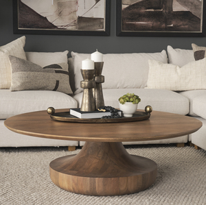Mesa de Centro Moderna para Decoración de Interiores del Hogar, Fabricada en Madera de Mango Sólida, con Forma Redonda y Base de Pedestal, Acabado en Color Marrón Claro - Product Image 1