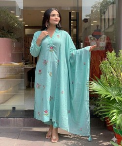 Conjunto de Top y Pantalón de Algodón con Bordado de Estilo Elegante y Dupatta, Ropa Festiva, Precio al por Mayor, Prenda Étnica, Color Azul Cielo Multicolor, Secado Rápido - Product Image 2