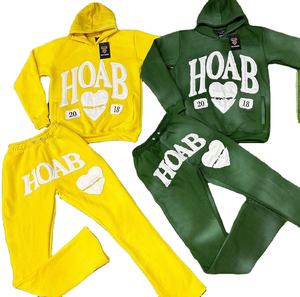 Sudadera con cremallera lavada con ácido personalizada High Street parche bordado desgastado Raw Flare Hoodie conjunto de pantalones de chándal de talla grande para hombres - Product Image 3