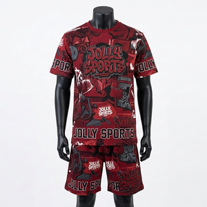 เสื้อยืดเจอร์ซีย์ผ้าฝ้ายสีแดงสำหรับผู้ชาย 180 GSM ชุดเซ็ตพร้อมกางเกงขาสั้น พิมพ์ลายแบบ Sublimation ทั้งตัว รับสกรีนโลโก้ เสื้อผ้าสตรีทแวร์ ชุดเซ็ตกางเกงวิ่งขาสั้นสำหรับผู้ชาย - Product Image 4