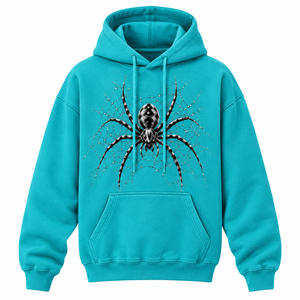 Sweat-shirt à capuche turquoise pour homme, décontracté, avec poche avant, imprimé toile d'araignée noire, 100% coton, coupe ample - Product Image 1