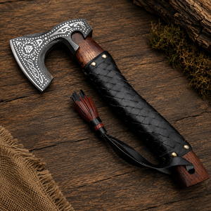 Handgeschmiedete Damaskus-Tomahawks mit Henri Wolf Gravur, Rosenholzgriff, 22-Zoll geschmiedete Stahlklinge, Outdoor-Display, Leder - Product Image 1