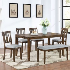 Juego de Comedor de 6 Piezas, Mesa Rectangular de Madera con 4 Sillas Tapizadas y Banco para 6 Personas, Elegante Juego de Comedor - Product Image 1