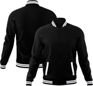 Unisex Black Varsity Jacket White Stripe Trim Regular Fit Casual Winter Wear Turn-<b>down</b> Collar Polyester/Cotton Material Front - Product Image 1