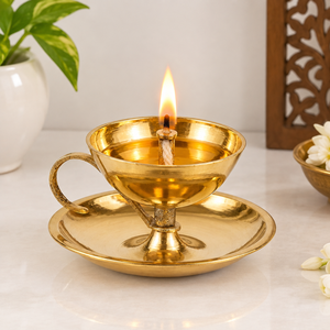Handcrafted Brass Diya Oil Lamp with Tray Traditional <b>Indian</b> Pooja Deepak for Mandir <b>Home</b> <b>Decor</b> Diwali Festival Gift Wholesale - Product Image 2