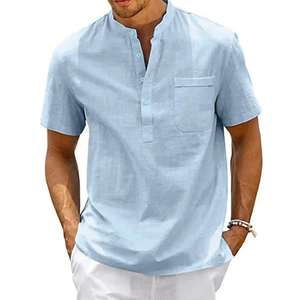 Chemise en coton et lin pour homme, col Henley, poche, décontractée, plage, manches courtes, couleur unie, hauts pour homme, t-shirts, streetwear vintage - Product Image 5