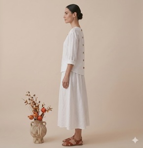 Vestido largo de algodón con manga larga, cuello en V, corte recto, color liso, informal, para fiestas de verano, diseño transpirable para mujer - Product Image 2