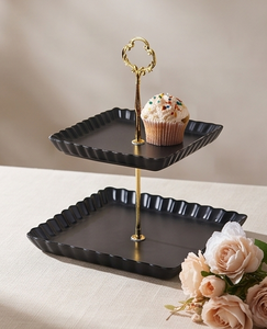 Présentoir à gâteaux carré à 2 niveaux en métal cannelé, finition noir mat, avec tige dorée et poignée en spirale, plateau de présentation, direct usine - Product Image 2