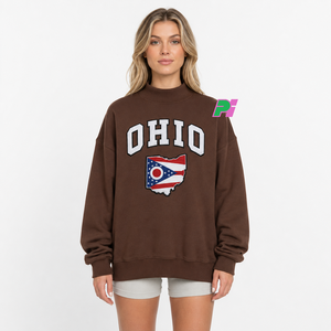 Sudadera OHIO para Mujer, Cuello Alto, Color Marrón, 100% Algodón, Estilo Urbano, Ecológica, Talla Grande, con Aplicaciones Personalizadas - Product Image 1