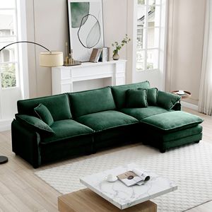 Divano Sezionale a L a 3 Posti Oversize in Velluto a Coste Verde con Pouf, Arredamento per Soggiorno con Un Poggiapiedi per Camere da Letto - Product Image 1